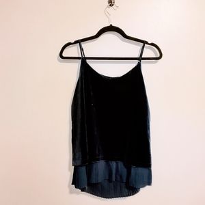 NWT Rose + Olive velvet Navy Blue tank top cami with pleated layer size small